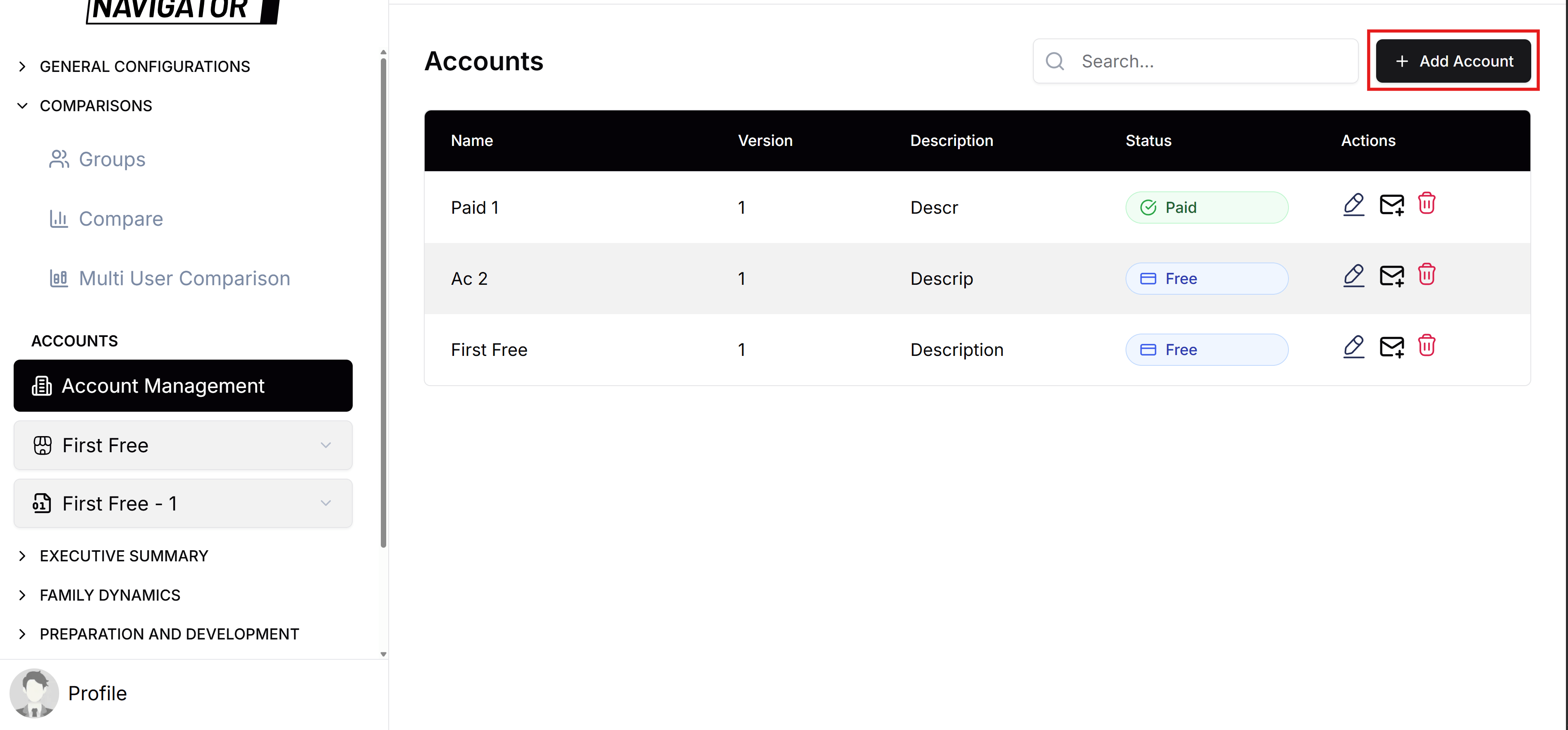 Account Management - Add Account form