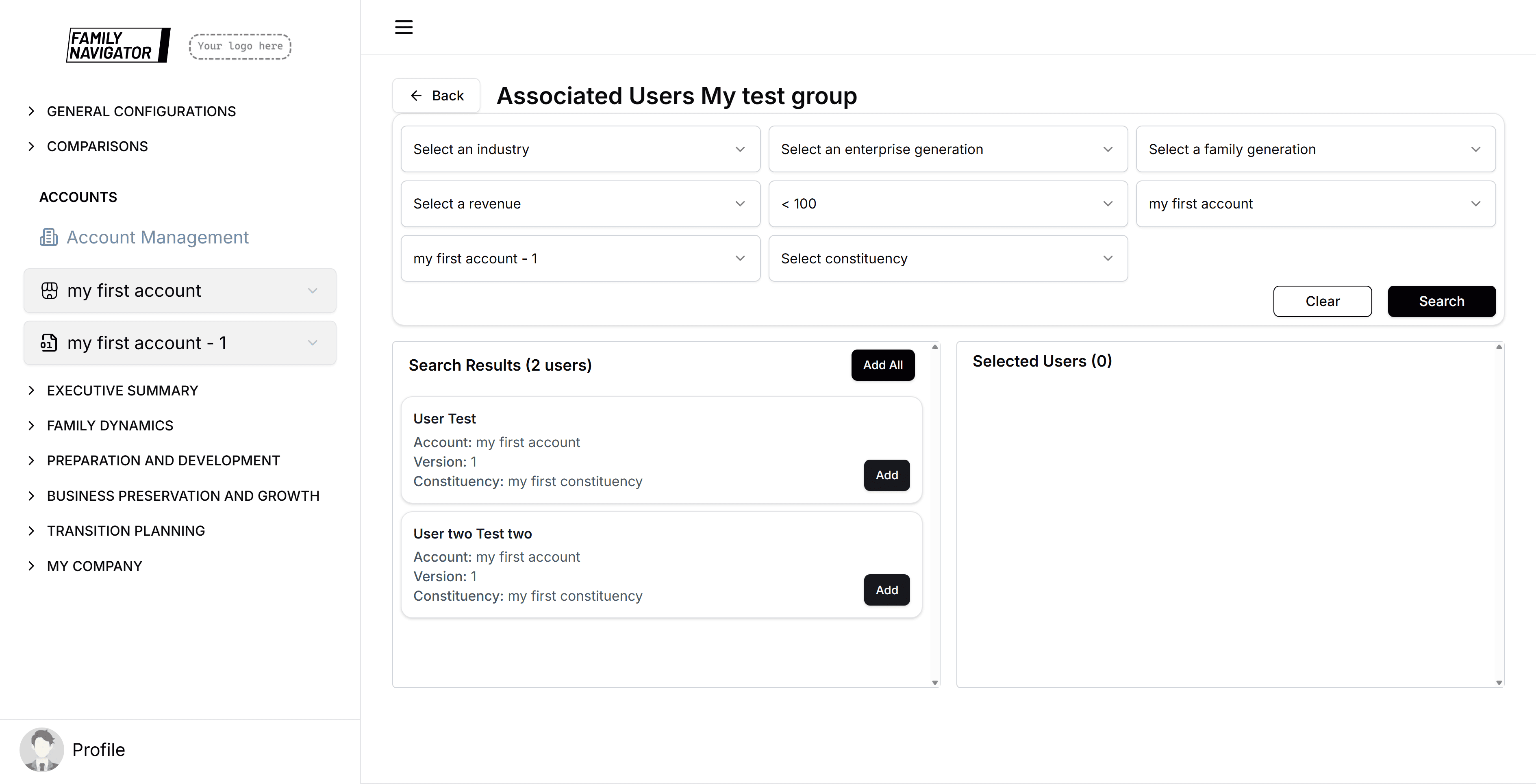 Search results panel