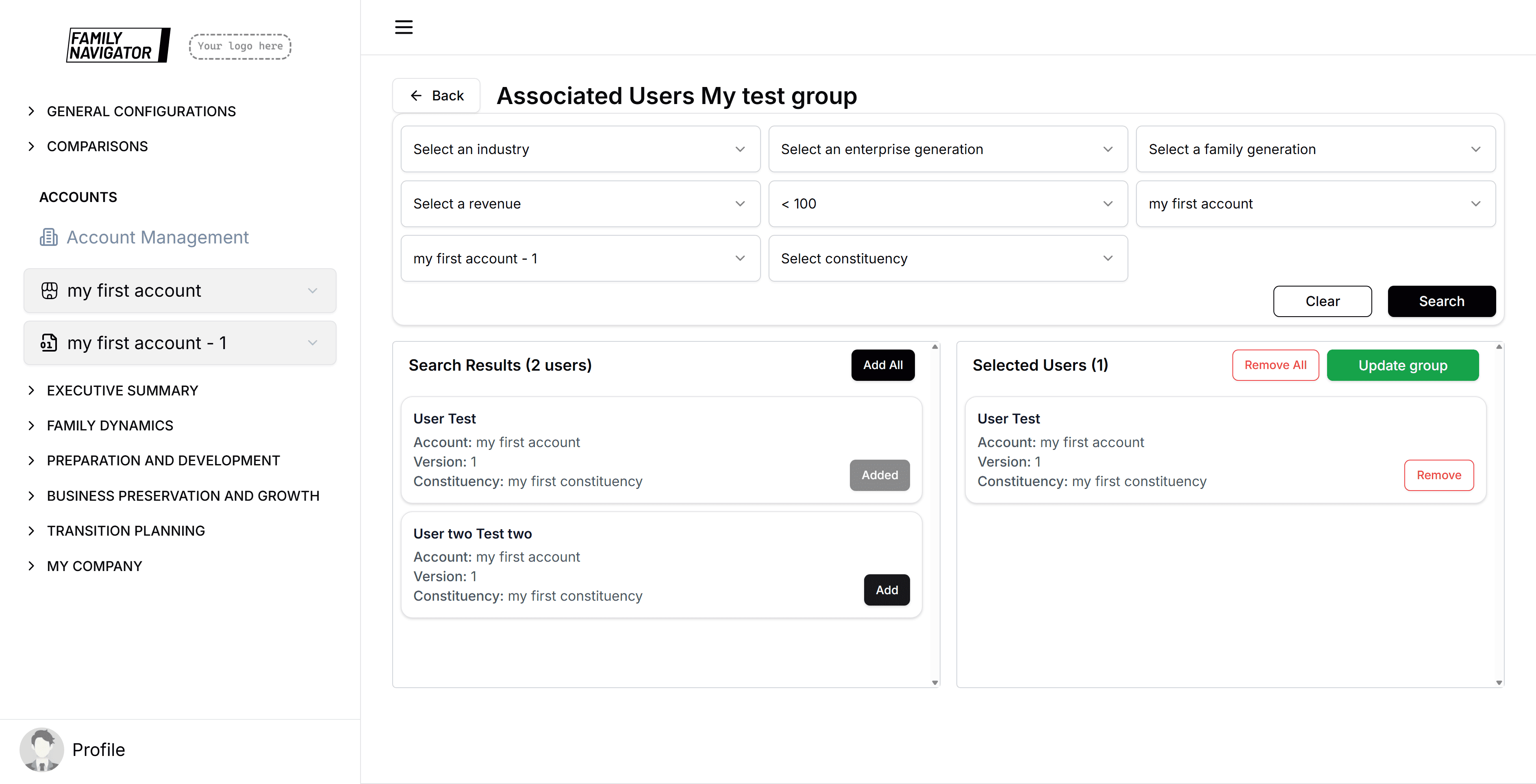 Selected users panel