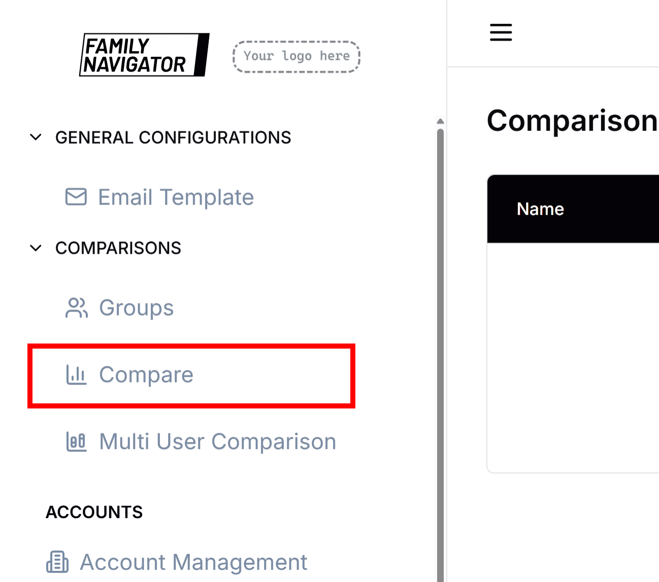 Comparison menu item