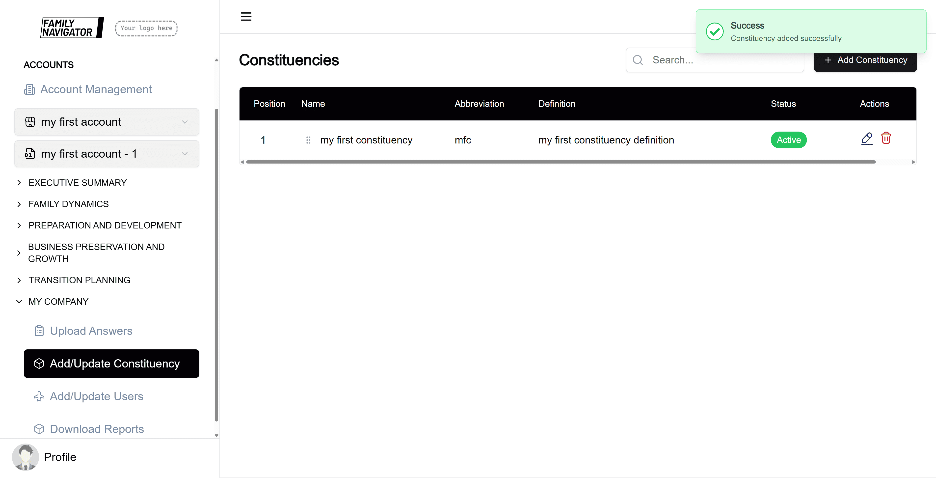 Constituency created successfully