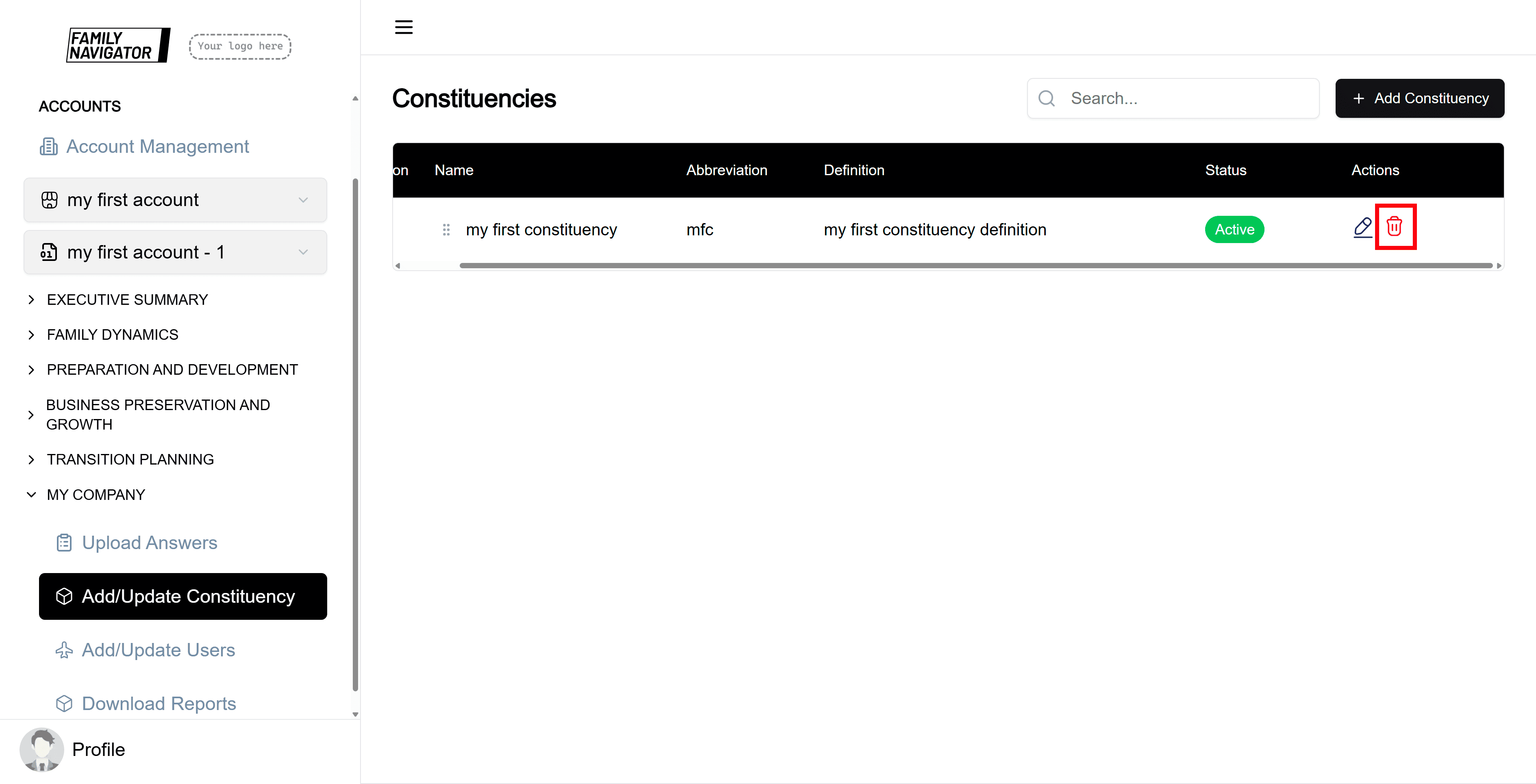 Delete button in table
