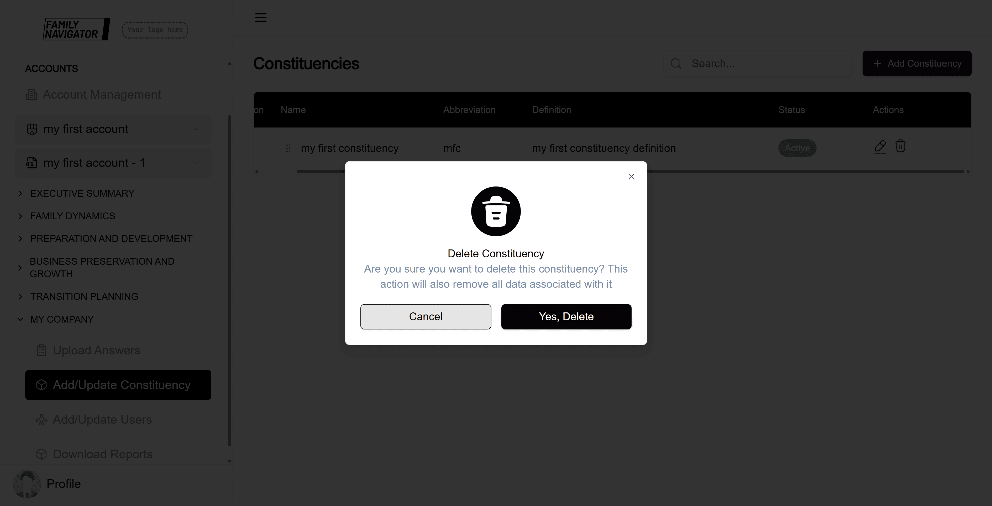Delete confirmation modal