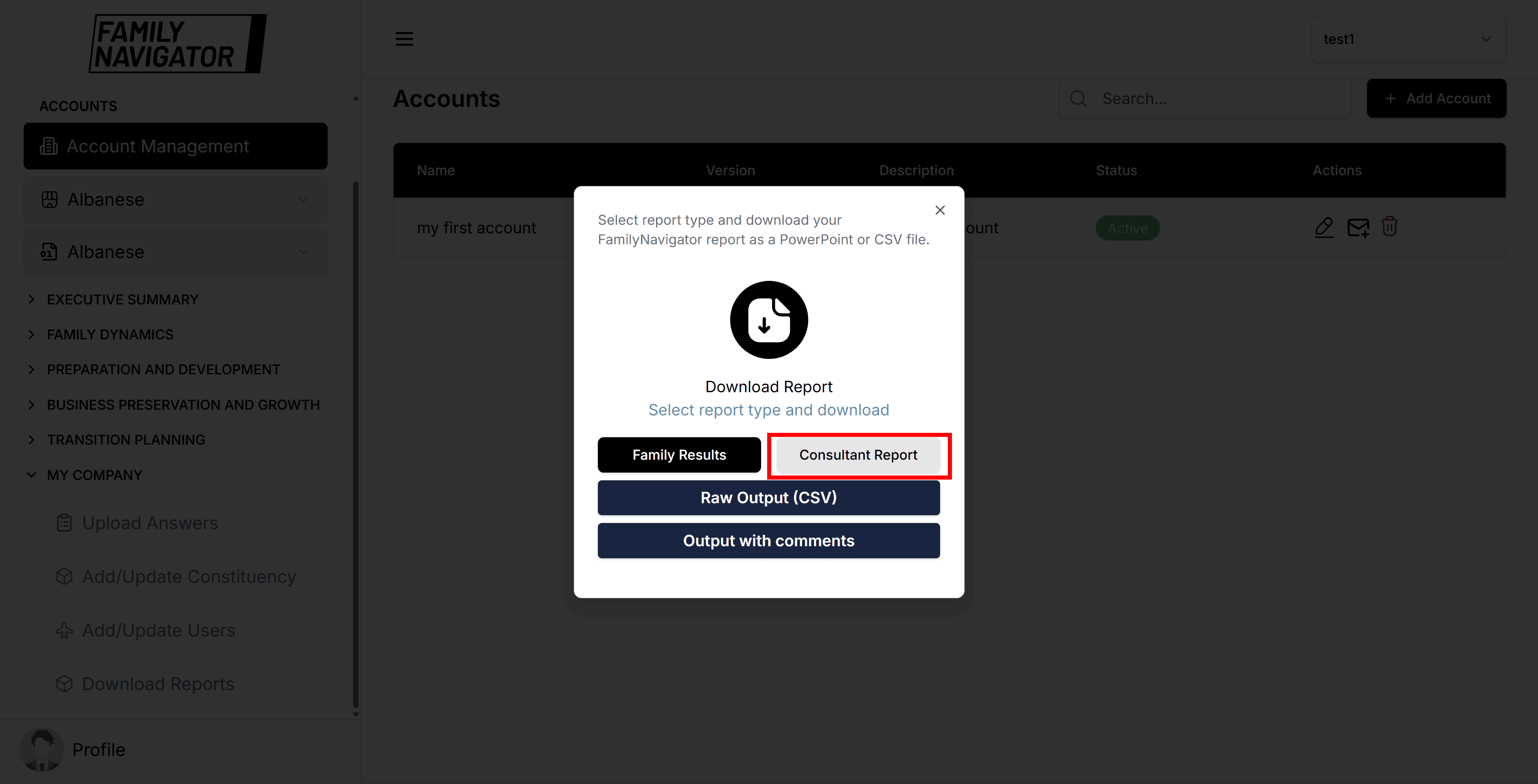 Consultant Report button selected
