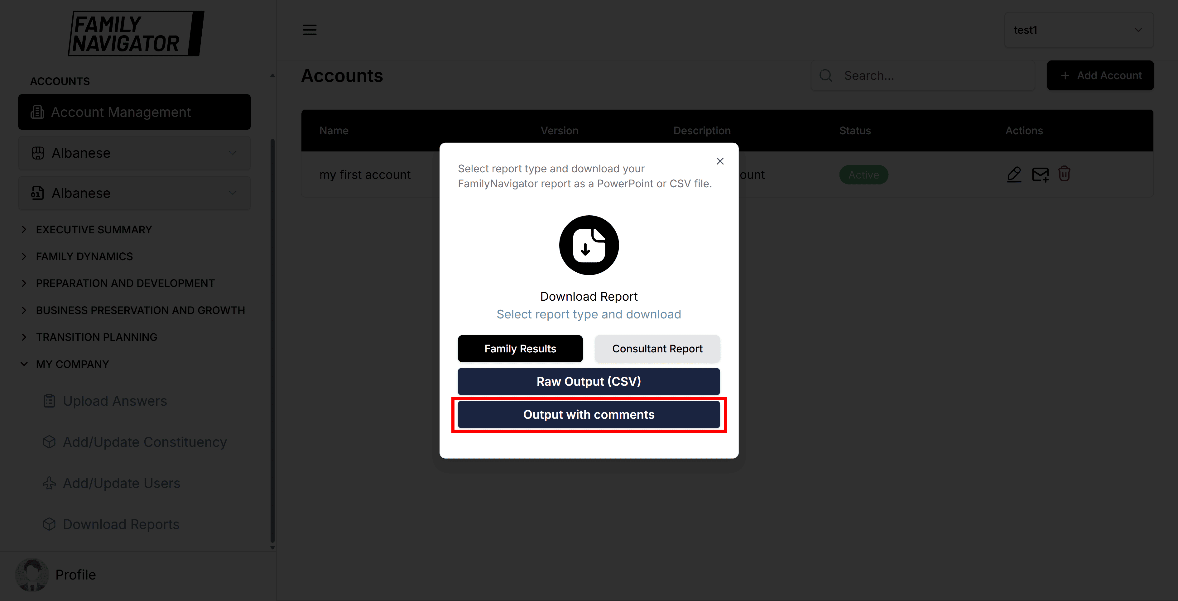 Output with Comments CSV button