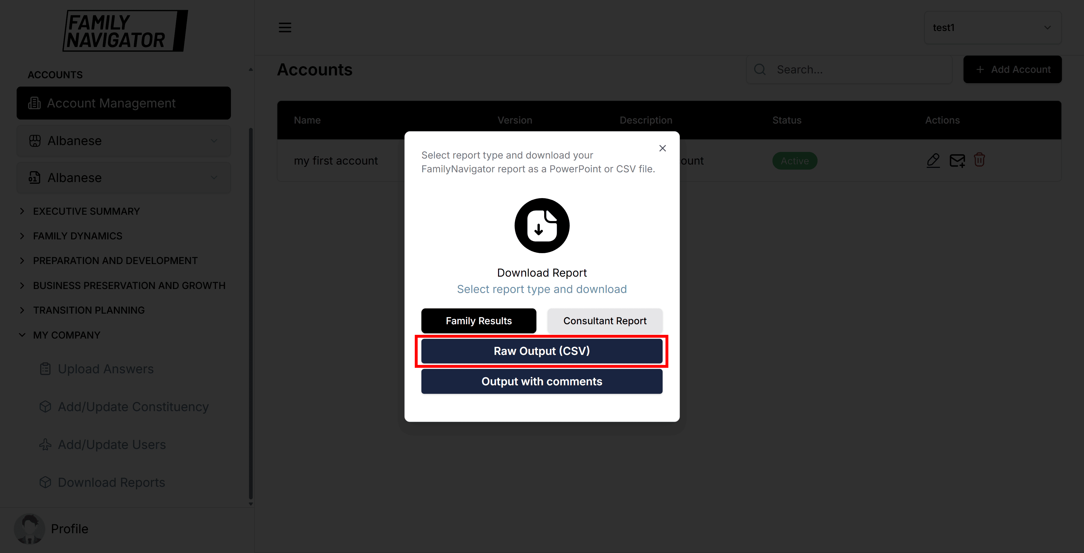 Raw Output CSV button