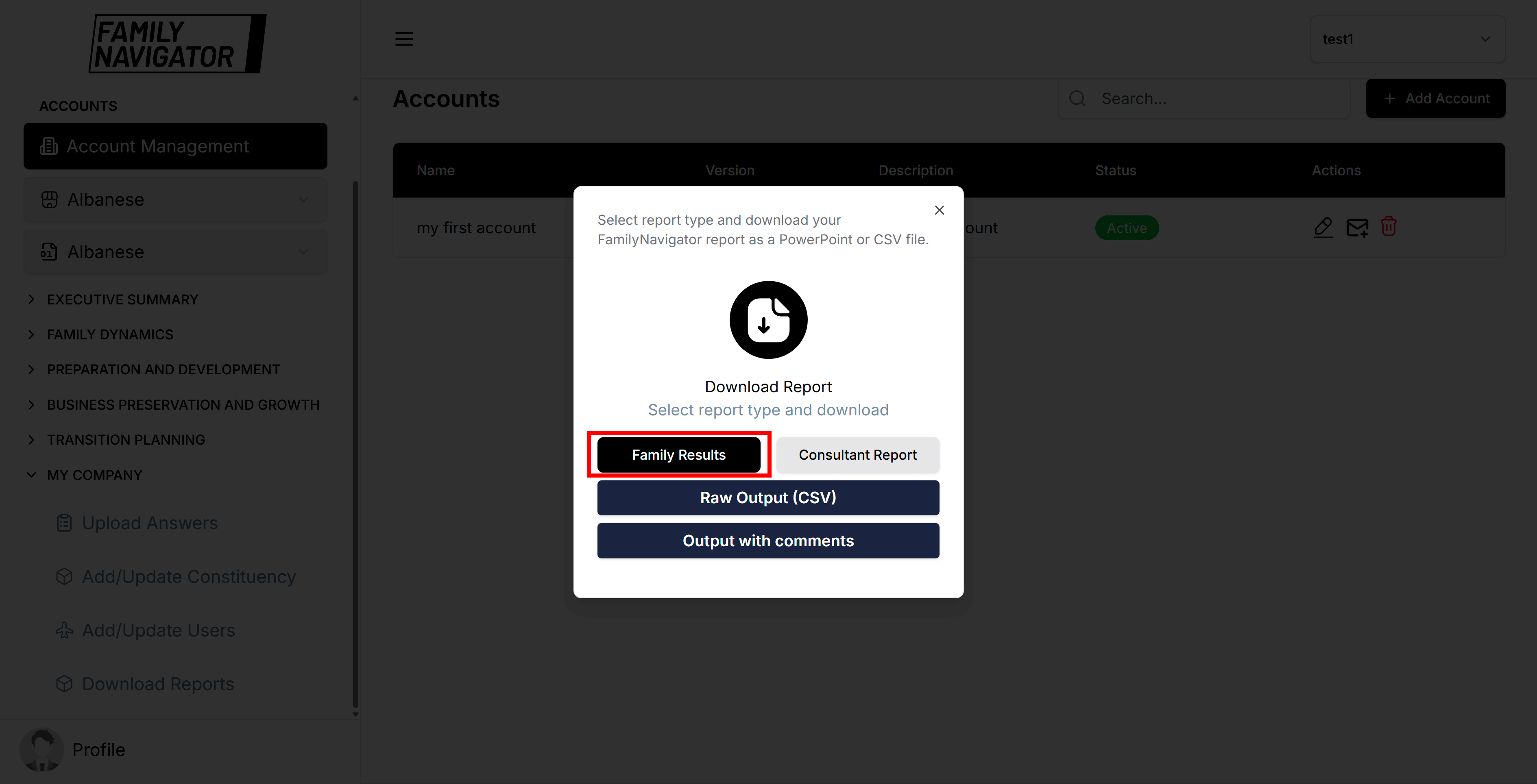 Family Results button selected