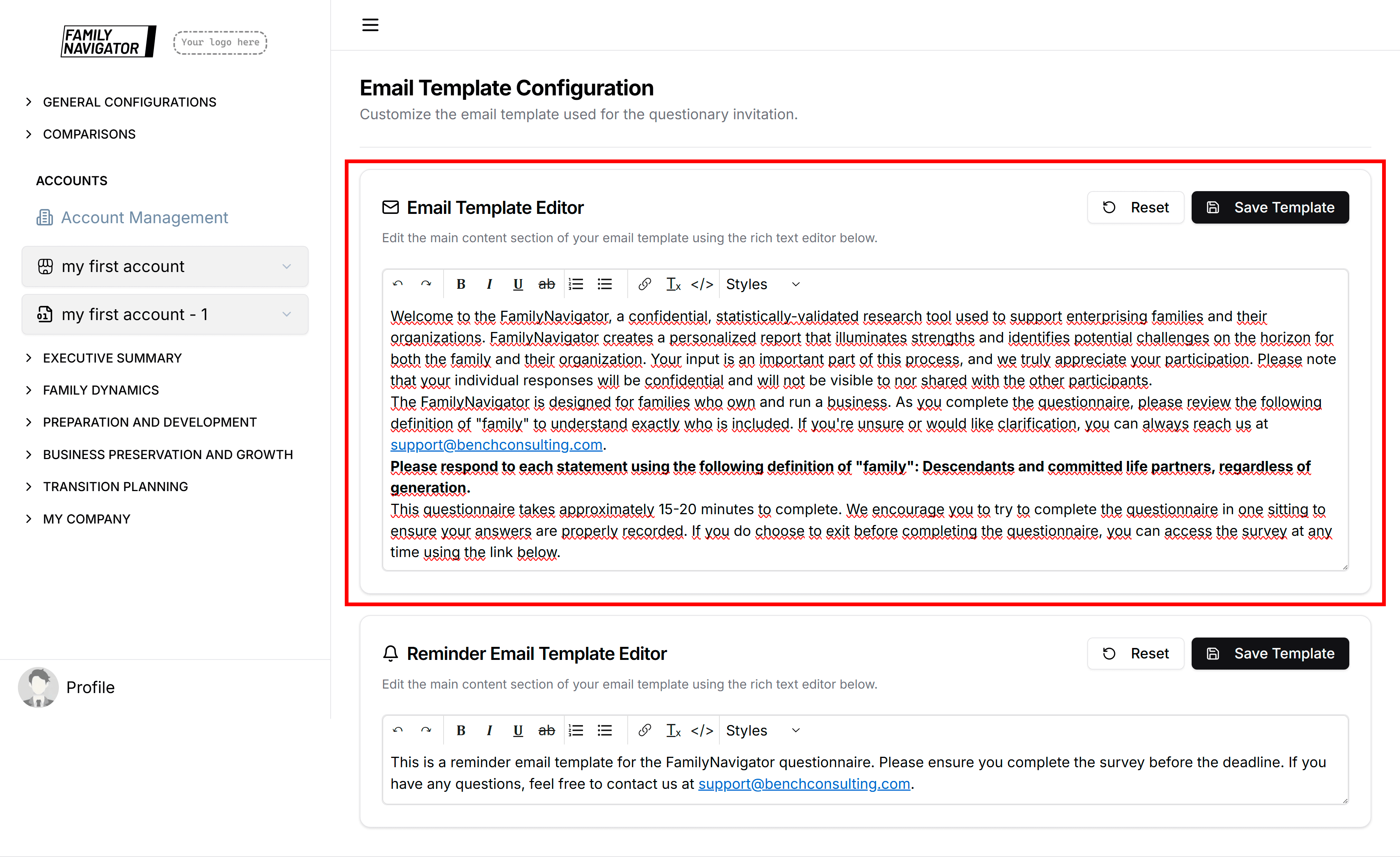 Email Template Editor card