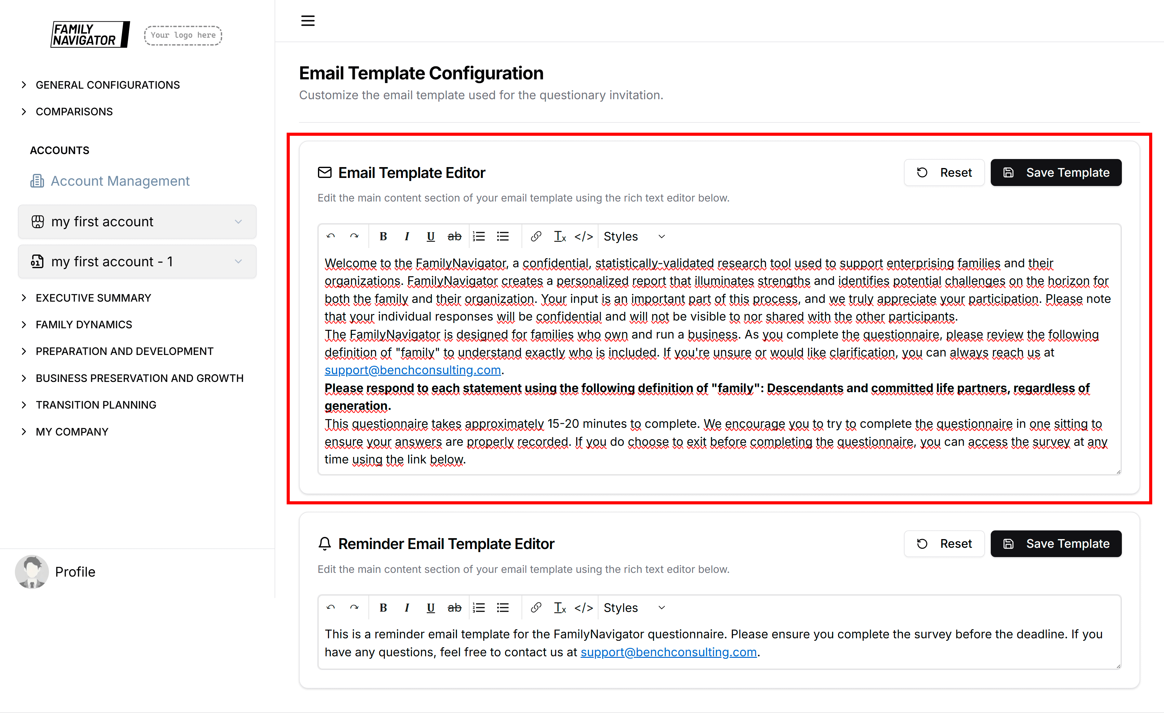 Email Template Editor card