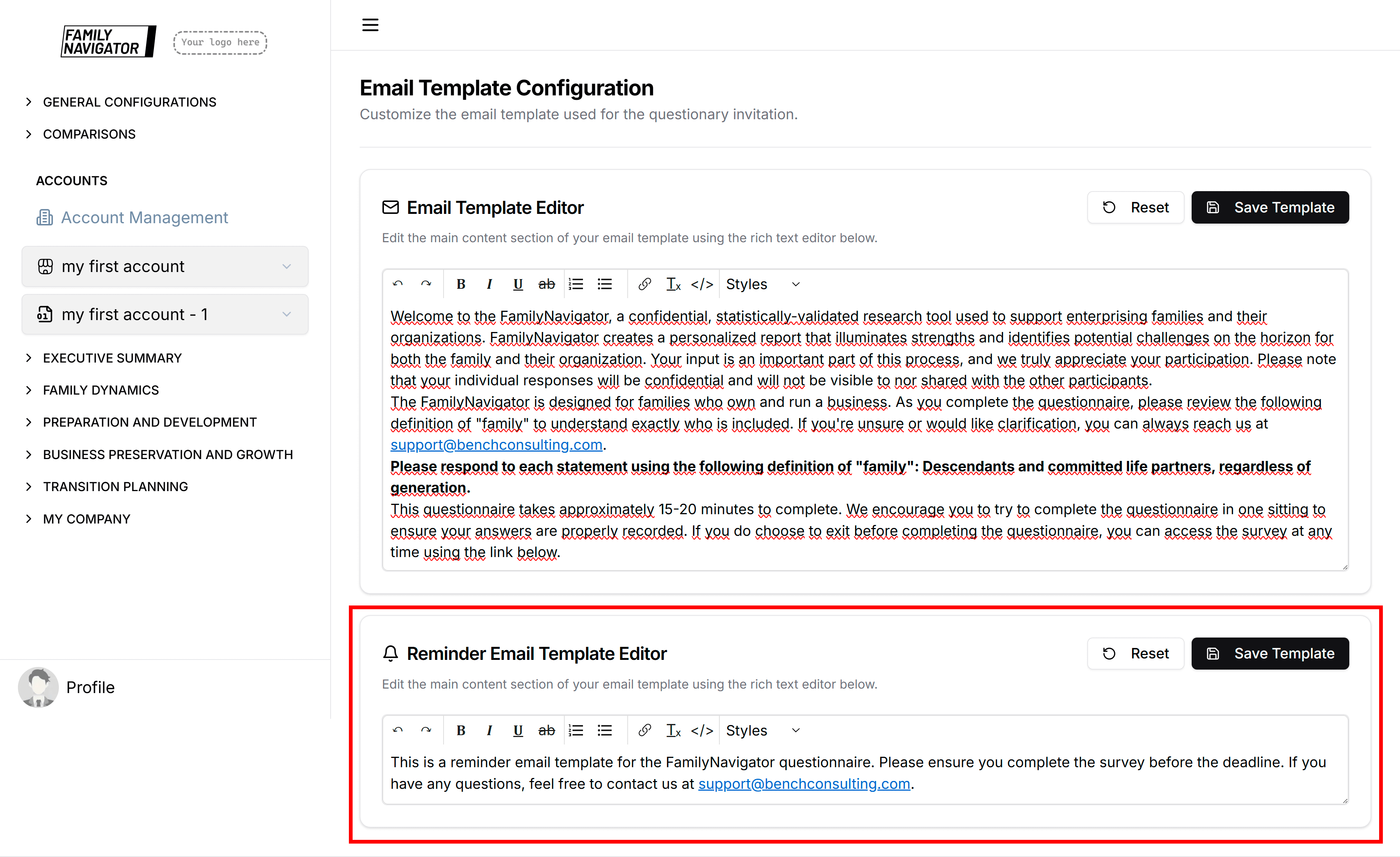 Reminder Email Template Editor card