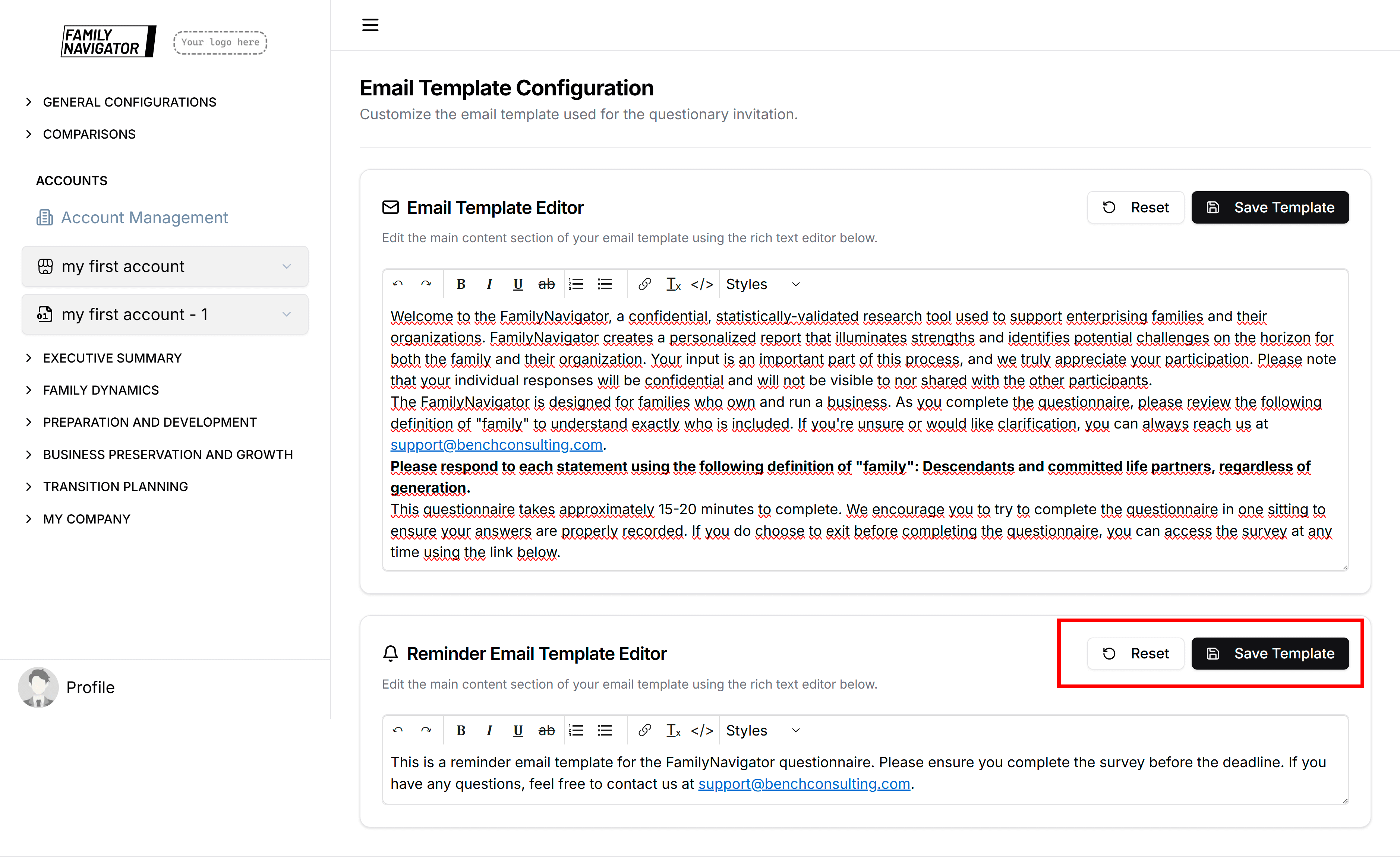 Reminder Save and Reset buttons