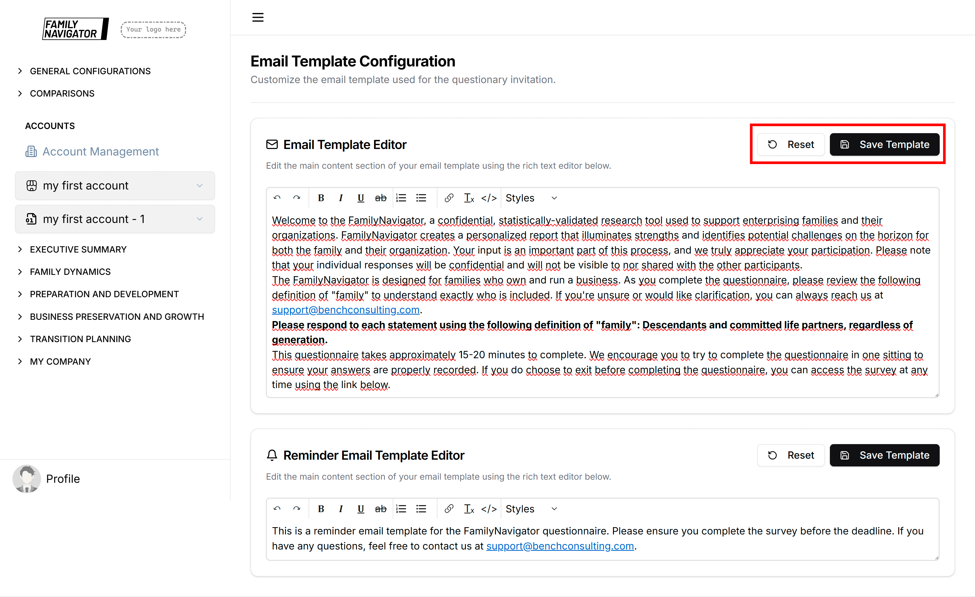 Save and Reset buttons