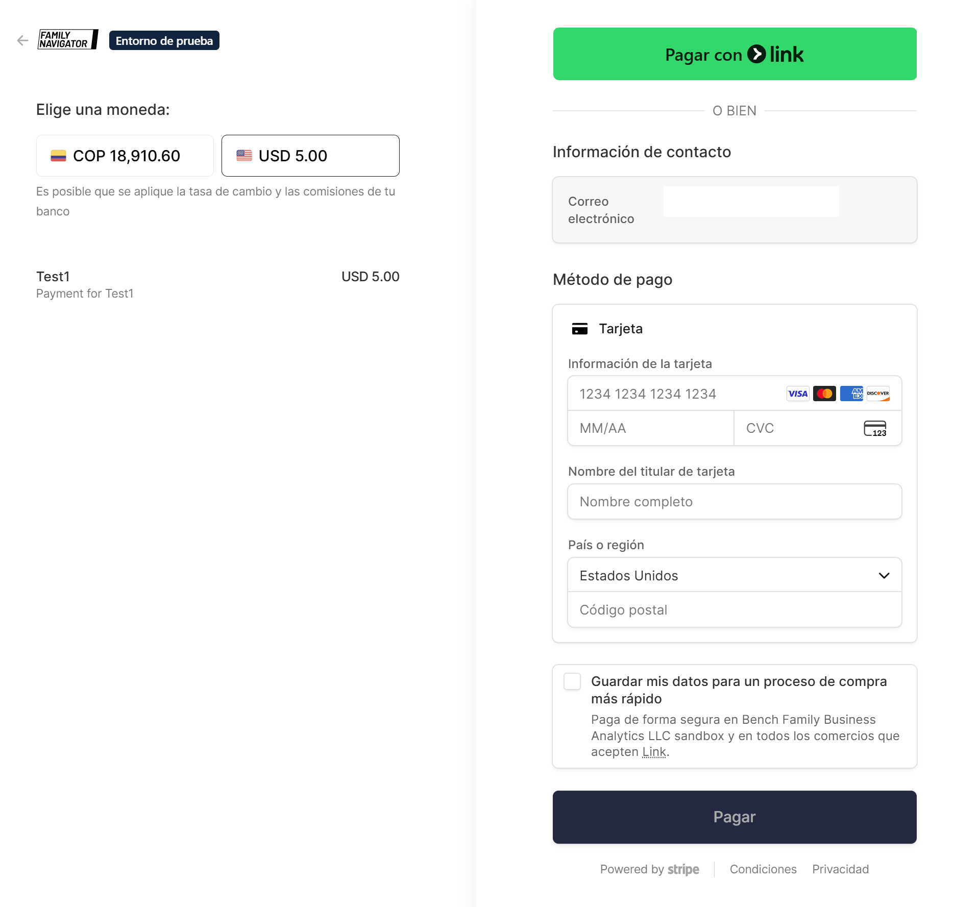 Stripe checkout page