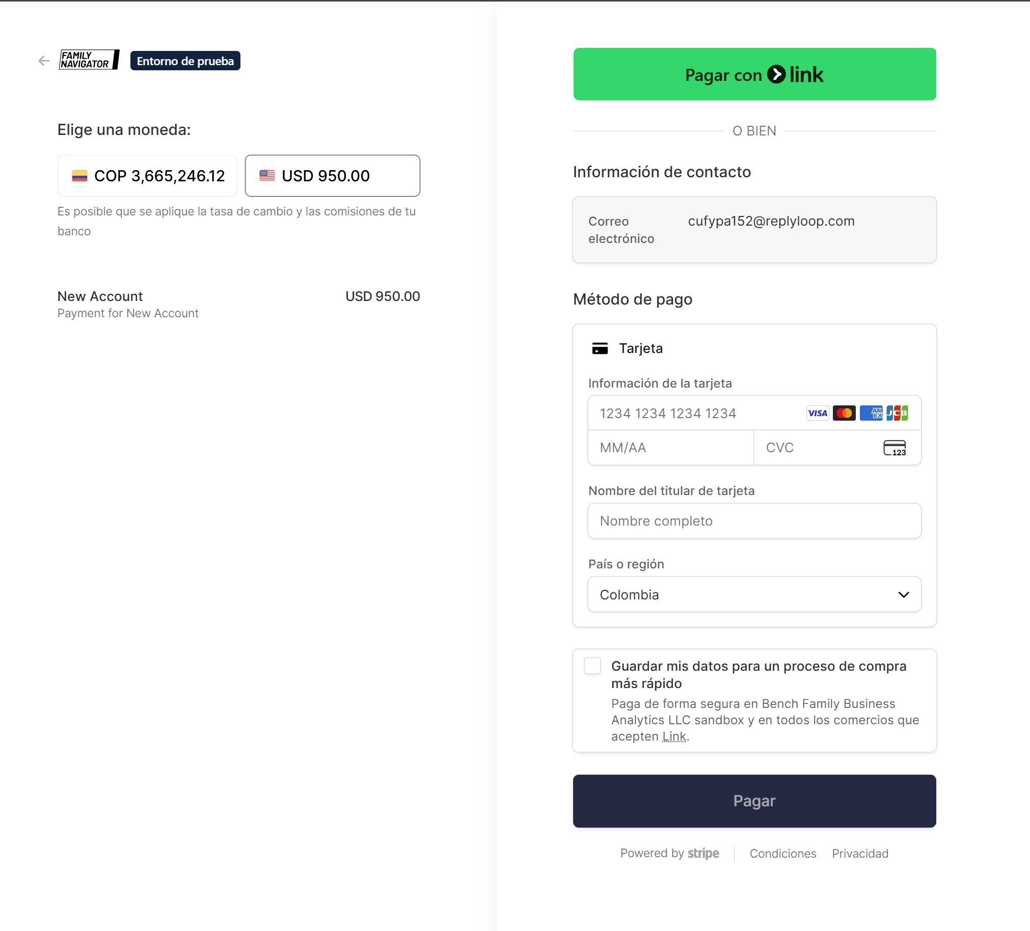 Stripe payment page for new account