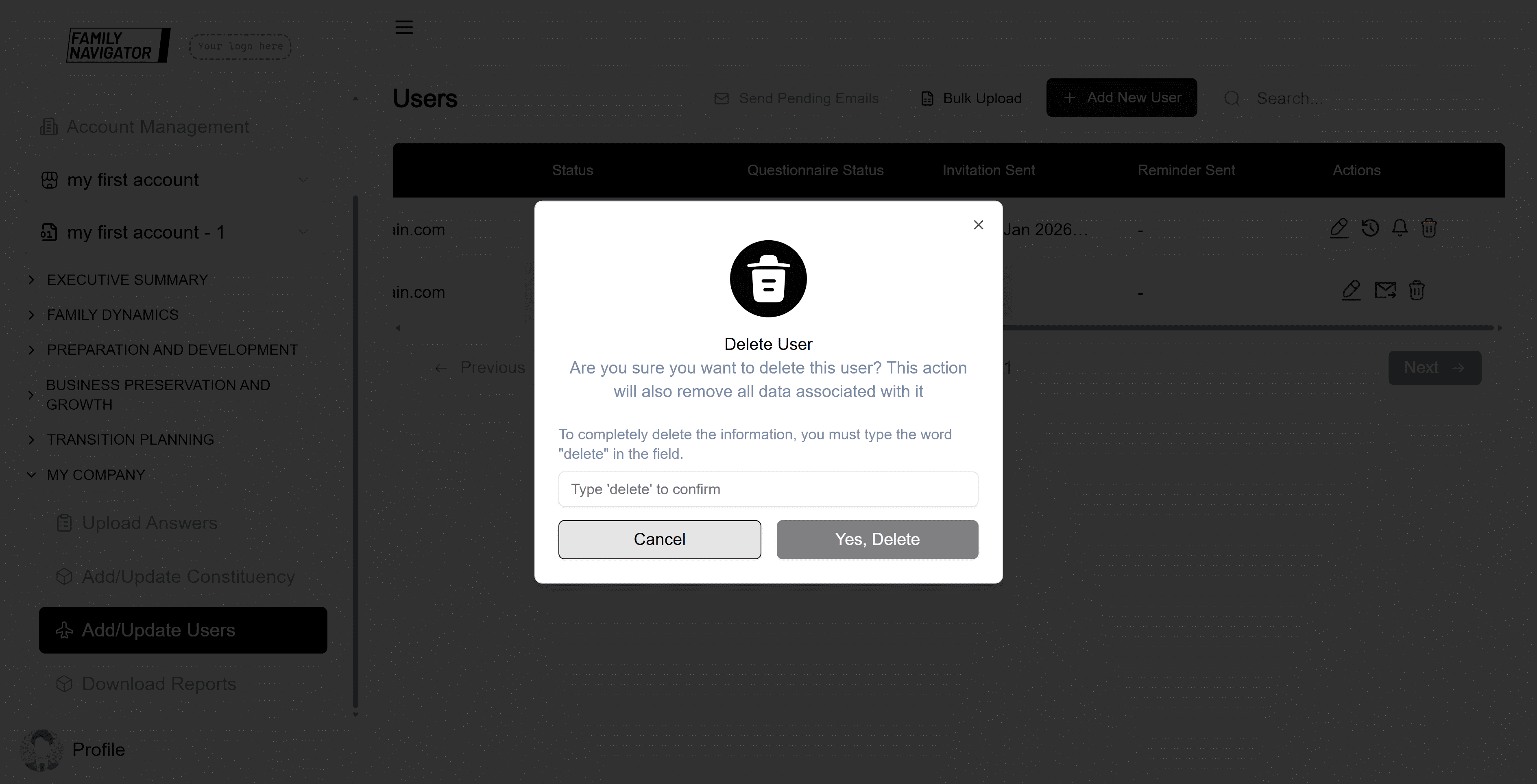 Delete confirmation modal