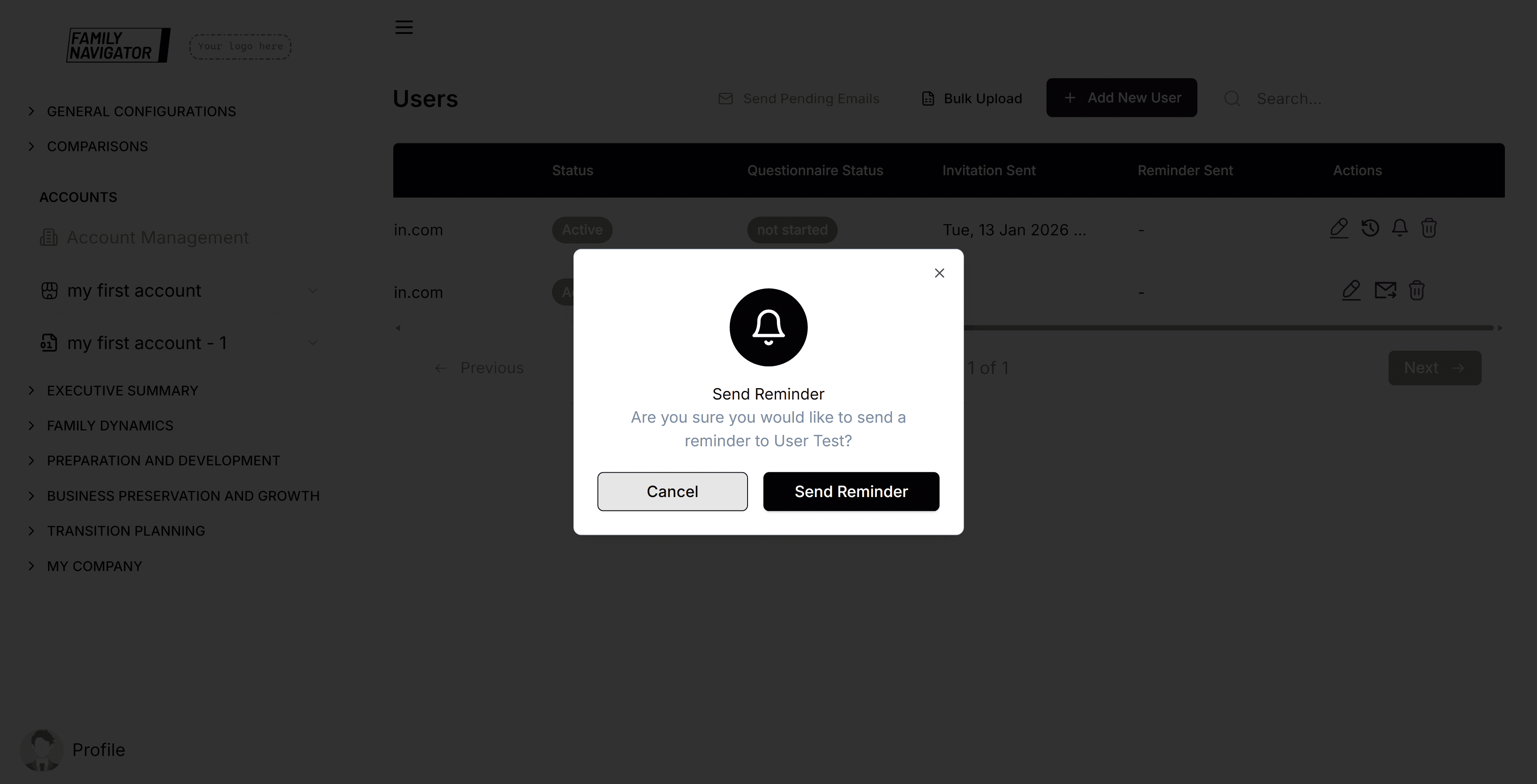Send Reminder confirmation modal